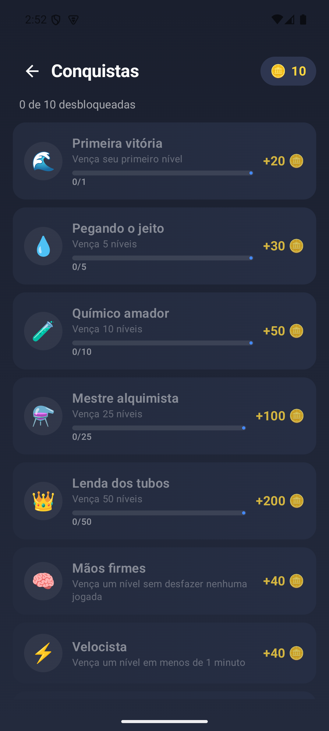 Tela de conquistas e moedas