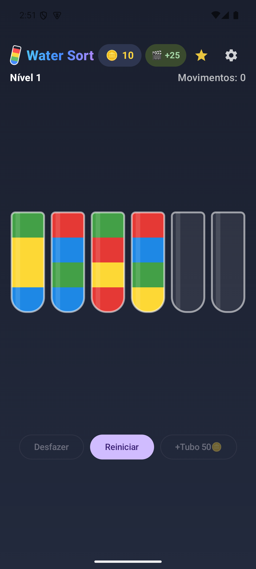 Tela do jogo com os tubos de cores